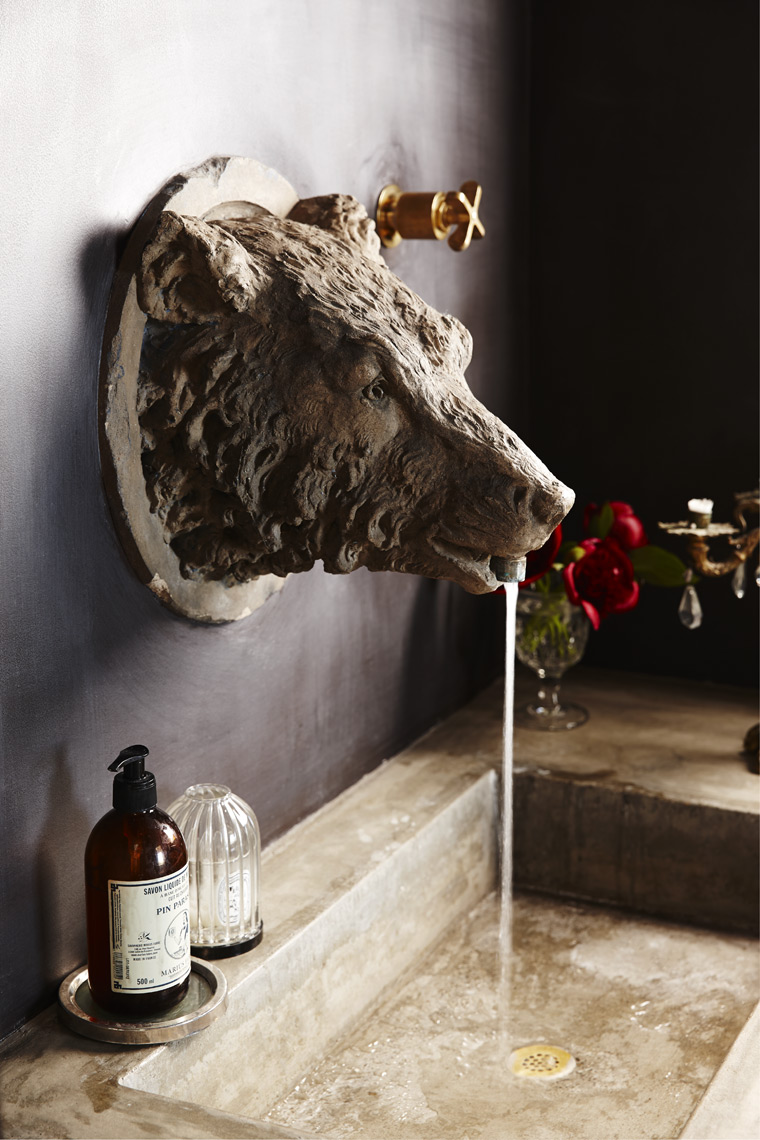 Bear head sink from old hunting lodge repurposed into modern home in Napa Valley Sean Dagen Photography