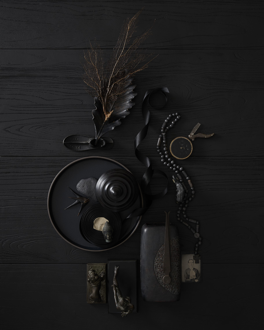 Black dark curio items on black elm wood daguerreotype rosary ribbon Sean Dagen Photography 