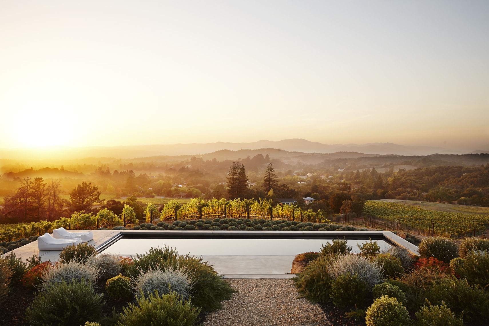Exterior view of backyard garden and pool with chaise lounger in Napa Valley at sunset vineyard in background Sean Dagen Photography